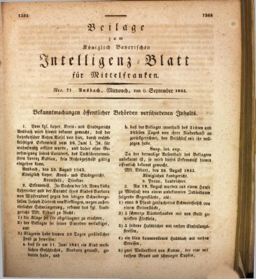 Königlich Bayerisches Intelligenzblatt für Mittelfranken (Ansbacher Intelligenz-Zeitung) Mittwoch 6. September 1843