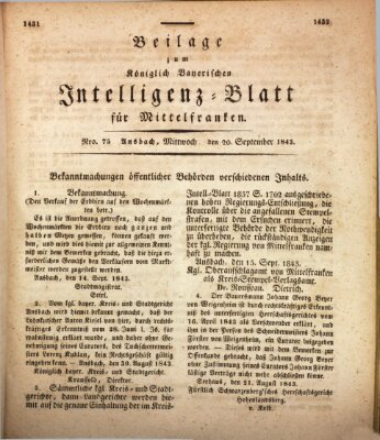 Königlich Bayerisches Intelligenzblatt für Mittelfranken (Ansbacher Intelligenz-Zeitung) Mittwoch 20. September 1843