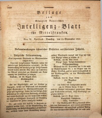 Königlich Bayerisches Intelligenzblatt für Mittelfranken (Ansbacher Intelligenz-Zeitung) Samstag 23. September 1843