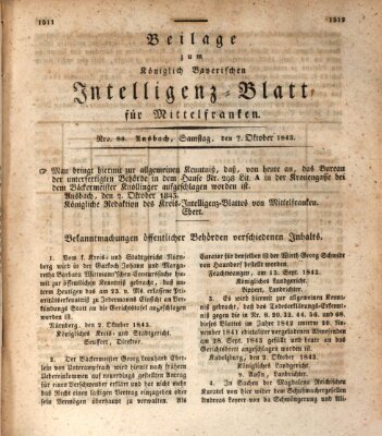 Königlich Bayerisches Intelligenzblatt für Mittelfranken (Ansbacher Intelligenz-Zeitung) Samstag 7. Oktober 1843