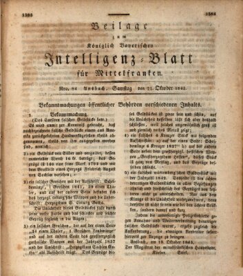 Königlich Bayerisches Intelligenzblatt für Mittelfranken (Ansbacher Intelligenz-Zeitung) Samstag 21. Oktober 1843