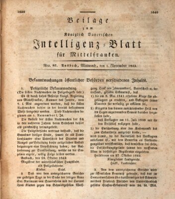 Königlich Bayerisches Intelligenzblatt für Mittelfranken (Ansbacher Intelligenz-Zeitung) Mittwoch 1. November 1843