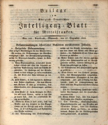 Königlich Bayerisches Intelligenzblatt für Mittelfranken (Ansbacher Intelligenz-Zeitung) Mittwoch 27. Dezember 1843