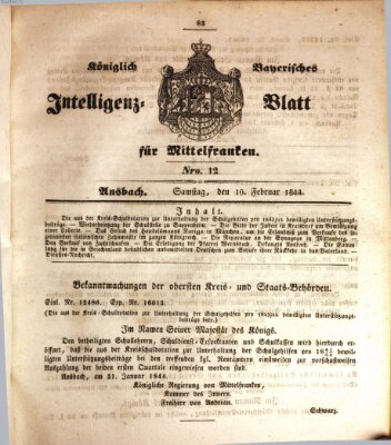 Königlich Bayerisches Intelligenzblatt für Mittelfranken (Ansbacher Intelligenz-Zeitung) Samstag 10. Februar 1844