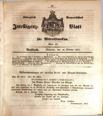 Königlich Bayerisches Intelligenzblatt für Mittelfranken (Ansbacher Intelligenz-Zeitung) Mittwoch 14. Februar 1844