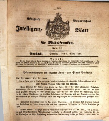 Königlich Bayerisches Intelligenzblatt für Mittelfranken (Ansbacher Intelligenz-Zeitung) Samstag 2. März 1844