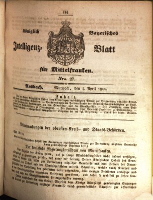 Königlich Bayerisches Intelligenzblatt für Mittelfranken (Ansbacher Intelligenz-Zeitung) Mittwoch 3. April 1844