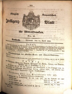 Königlich Bayerisches Intelligenzblatt für Mittelfranken (Ansbacher Intelligenz-Zeitung) Mittwoch 24. April 1844