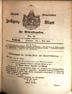 Königlich Bayerisches Intelligenzblatt für Mittelfranken (Ansbacher Intelligenz-Zeitung) Mittwoch 1. Mai 1844