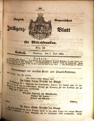 Königlich Bayerisches Intelligenzblatt für Mittelfranken (Ansbacher Intelligenz-Zeitung) Samstag 8. Juni 1844