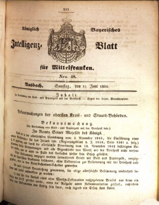 Königlich Bayerisches Intelligenzblatt für Mittelfranken (Ansbacher Intelligenz-Zeitung) Samstag 15. Juni 1844