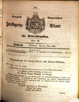 Königlich Bayerisches Intelligenzblatt für Mittelfranken (Ansbacher Intelligenz-Zeitung) Mittwoch 19. Juni 1844