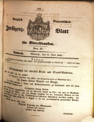 Königlich Bayerisches Intelligenzblatt für Mittelfranken (Ansbacher Intelligenz-Zeitung) Mittwoch 26. Juni 1844
