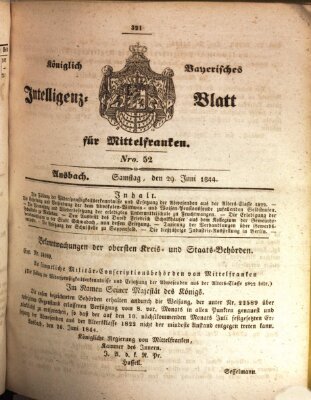 Königlich Bayerisches Intelligenzblatt für Mittelfranken (Ansbacher Intelligenz-Zeitung) Samstag 29. Juni 1844