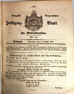 Königlich Bayerisches Intelligenzblatt für Mittelfranken (Ansbacher Intelligenz-Zeitung) Mittwoch 14. August 1844