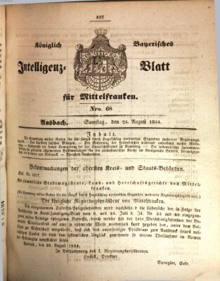 Königlich Bayerisches Intelligenzblatt für Mittelfranken (Ansbacher Intelligenz-Zeitung) Samstag 24. August 1844