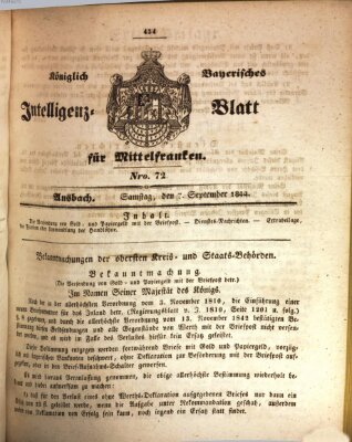 Königlich Bayerisches Intelligenzblatt für Mittelfranken (Ansbacher Intelligenz-Zeitung) Samstag 7. September 1844