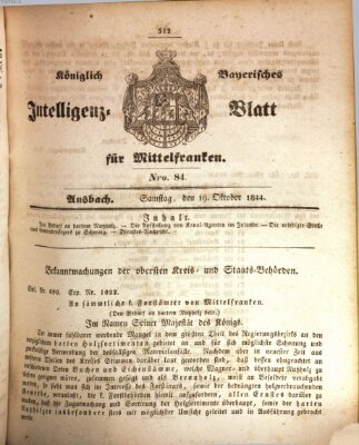 Königlich Bayerisches Intelligenzblatt für Mittelfranken (Ansbacher Intelligenz-Zeitung) Samstag 19. Oktober 1844