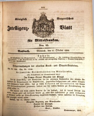 Königlich Bayerisches Intelligenzblatt für Mittelfranken (Ansbacher Intelligenz-Zeitung) Mittwoch 23. Oktober 1844