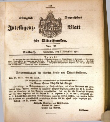 Königlich Bayerisches Intelligenzblatt für Mittelfranken (Ansbacher Intelligenz-Zeitung) Mittwoch 6. November 1844