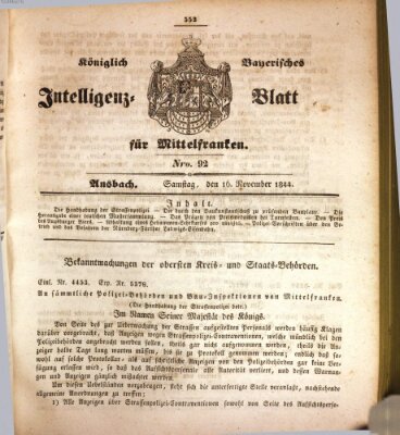 Königlich Bayerisches Intelligenzblatt für Mittelfranken (Ansbacher Intelligenz-Zeitung) Samstag 16. November 1844