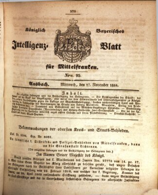 Königlich Bayerisches Intelligenzblatt für Mittelfranken (Ansbacher Intelligenz-Zeitung) Mittwoch 27. November 1844