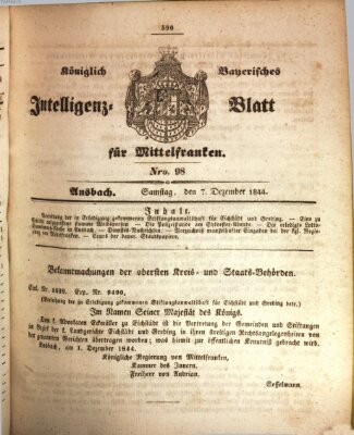 Königlich Bayerisches Intelligenzblatt für Mittelfranken (Ansbacher Intelligenz-Zeitung) Samstag 7. Dezember 1844