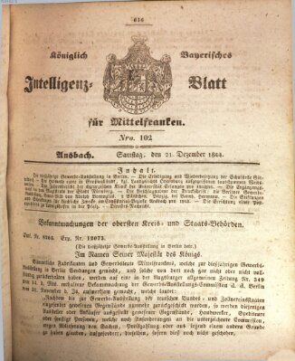 Königlich Bayerisches Intelligenzblatt für Mittelfranken (Ansbacher Intelligenz-Zeitung) Samstag 21. Dezember 1844