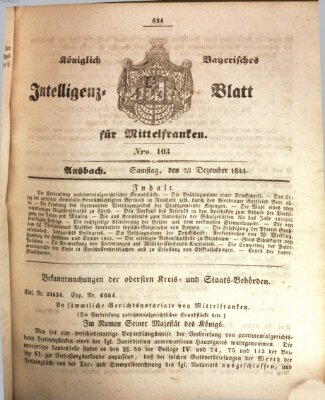 Königlich Bayerisches Intelligenzblatt für Mittelfranken (Ansbacher Intelligenz-Zeitung) Samstag 28. Dezember 1844