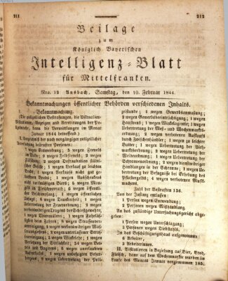 Königlich Bayerisches Intelligenzblatt für Mittelfranken (Ansbacher Intelligenz-Zeitung) Samstag 10. Februar 1844