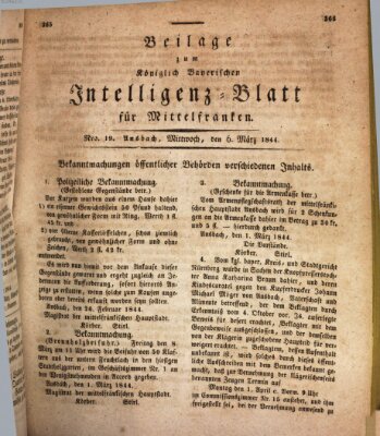 Königlich Bayerisches Intelligenzblatt für Mittelfranken (Ansbacher Intelligenz-Zeitung) Mittwoch 6. März 1844
