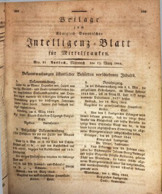 Königlich Bayerisches Intelligenzblatt für Mittelfranken (Ansbacher Intelligenz-Zeitung) Mittwoch 13. März 1844