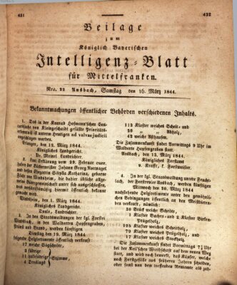 Königlich Bayerisches Intelligenzblatt für Mittelfranken (Ansbacher Intelligenz-Zeitung) Samstag 16. März 1844