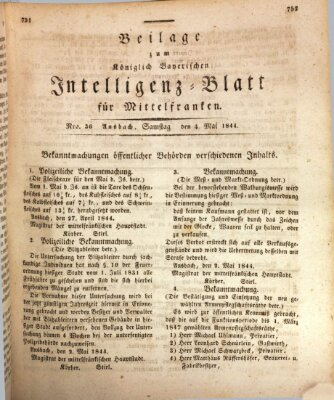 Königlich Bayerisches Intelligenzblatt für Mittelfranken (Ansbacher Intelligenz-Zeitung) Samstag 4. Mai 1844