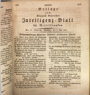 Königlich Bayerisches Intelligenzblatt für Mittelfranken (Ansbacher Intelligenz-Zeitung) Samstag 6. Juli 1844