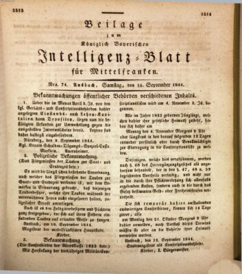 Königlich Bayerisches Intelligenzblatt für Mittelfranken (Ansbacher Intelligenz-Zeitung) Samstag 14. September 1844