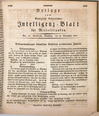 Königlich Bayerisches Intelligenzblatt für Mittelfranken (Ansbacher Intelligenz-Zeitung) Samstag 16. November 1844