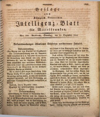 Königlich Bayerisches Intelligenzblatt für Mittelfranken (Ansbacher Intelligenz-Zeitung) Samstag 14. Dezember 1844