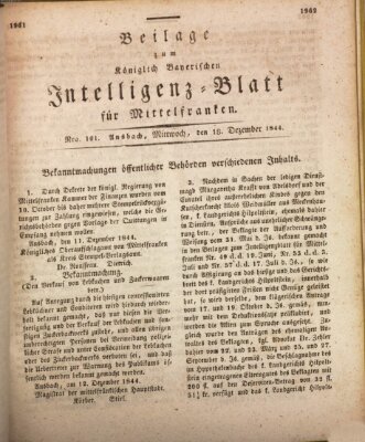 Königlich Bayerisches Intelligenzblatt für Mittelfranken (Ansbacher Intelligenz-Zeitung) Mittwoch 18. Dezember 1844