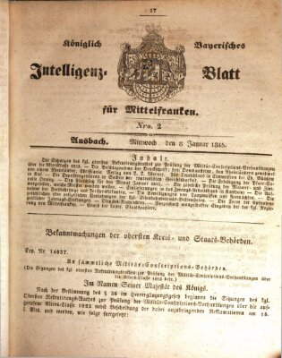 Königlich Bayerisches Intelligenzblatt für Mittelfranken (Ansbacher Intelligenz-Zeitung) Mittwoch 8. Januar 1845