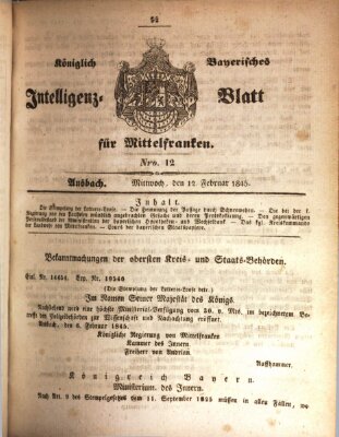 Königlich Bayerisches Intelligenzblatt für Mittelfranken (Ansbacher Intelligenz-Zeitung) Mittwoch 12. Februar 1845