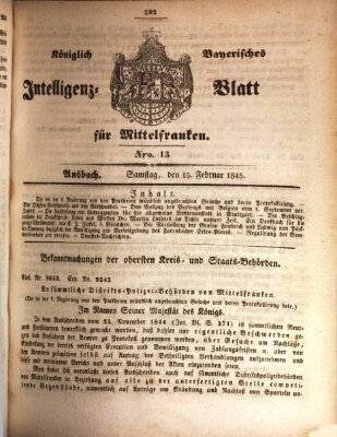 Königlich Bayerisches Intelligenzblatt für Mittelfranken (Ansbacher Intelligenz-Zeitung) Samstag 15. Februar 1845