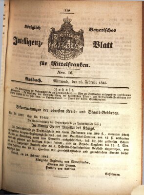 Königlich Bayerisches Intelligenzblatt für Mittelfranken (Ansbacher Intelligenz-Zeitung) Mittwoch 26. Februar 1845