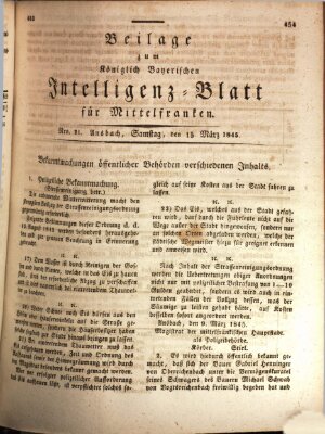 Königlich Bayerisches Intelligenzblatt für Mittelfranken (Ansbacher Intelligenz-Zeitung) Samstag 15. März 1845