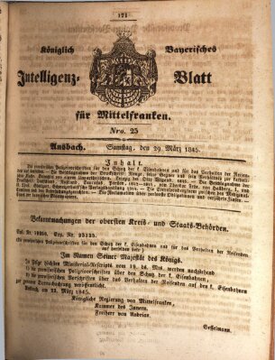 Königlich Bayerisches Intelligenzblatt für Mittelfranken (Ansbacher Intelligenz-Zeitung) Samstag 29. März 1845