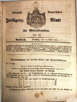 Königlich Bayerisches Intelligenzblatt für Mittelfranken (Ansbacher Intelligenz-Zeitung) Samstag 12. April 1845