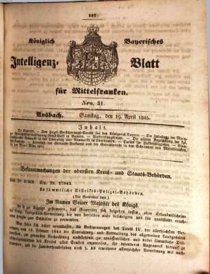 Königlich Bayerisches Intelligenzblatt für Mittelfranken (Ansbacher Intelligenz-Zeitung) Samstag 19. April 1845