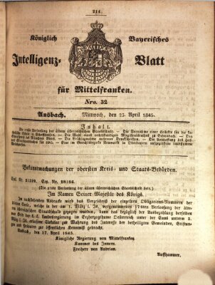 Königlich Bayerisches Intelligenzblatt für Mittelfranken (Ansbacher Intelligenz-Zeitung) Mittwoch 23. April 1845