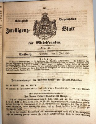 Königlich Bayerisches Intelligenzblatt für Mittelfranken (Ansbacher Intelligenz-Zeitung) Samstag 7. Juni 1845