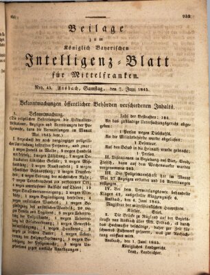 Königlich Bayerisches Intelligenzblatt für Mittelfranken (Ansbacher Intelligenz-Zeitung) Samstag 7. Juni 1845